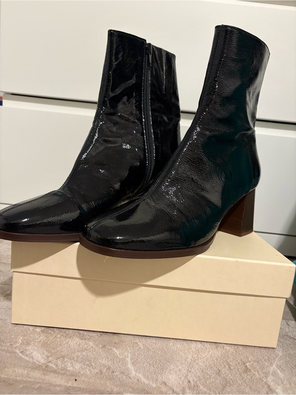 Sezane Axelle ankle boots - Black Patent Leather Block Heel Ankle Boot